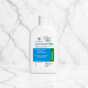 Aseptoman Med 100ml με 72% αιθανόλη. Υγρό απολυμαντικό χεριών χωρίς άρωμα, με ενυδατικά συστατικά και αποτελεσματικότητα κατά νοροϊών και αδενοϊών.
