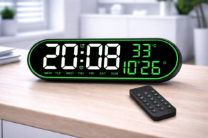 LED Ψηφιακό Ρολόι Τοίχου 38cm με Θερμοκρασία, Ημερομηνία & Τηλεχειριστήριο – Πράσινα/Λευκά Ψηφία