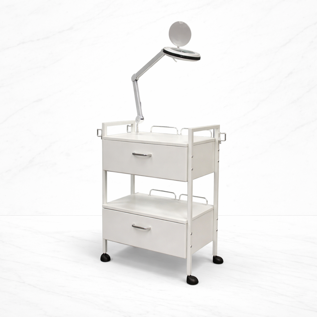 P Clinic Trolley Paris λευκό τρόλεϊ με 2 συρτάρια και βάση μεγεθυντικού φακού