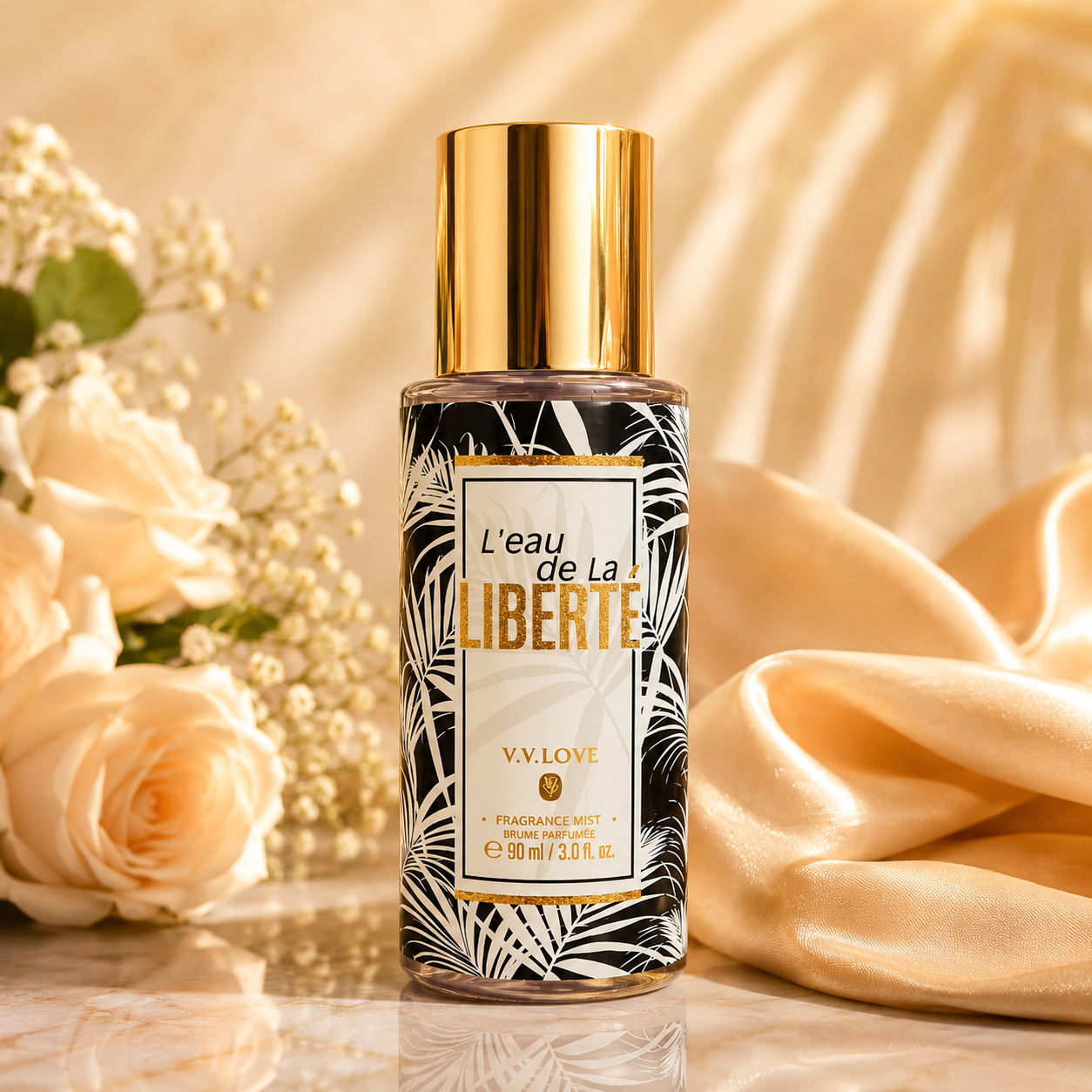 Γυναικείο fragrance mist Liberté V.V.LOVE 90ml με χρυσό καπάκι και tropical design